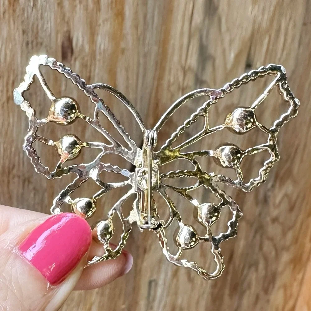 Gold Tone Rhinestone Bow, Butterfly & Reindeer Brooch Pins Lot of 3